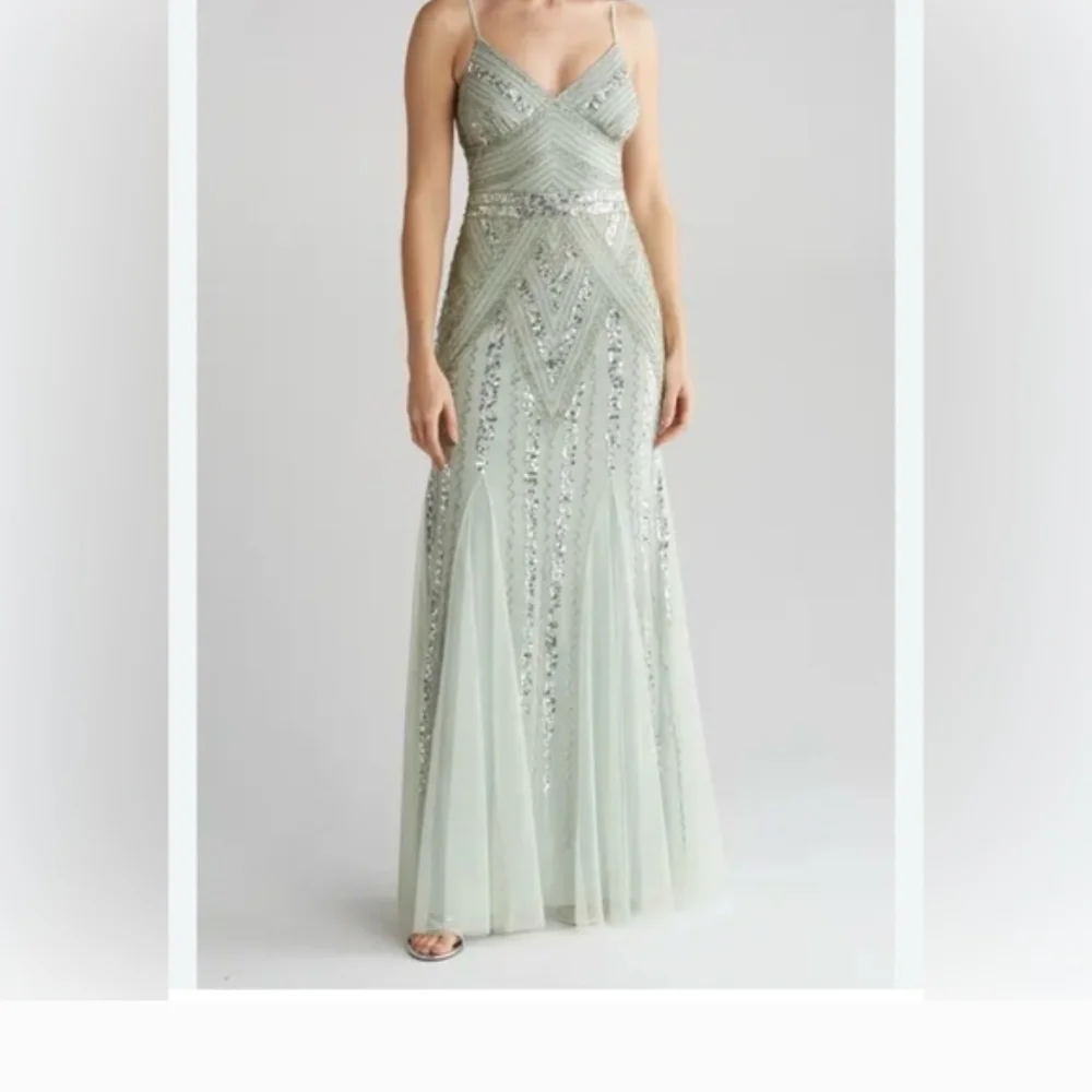 MARINA Sage Green Beaded Spaghetti-Strap Maxi Gown - Picture 1 of 3